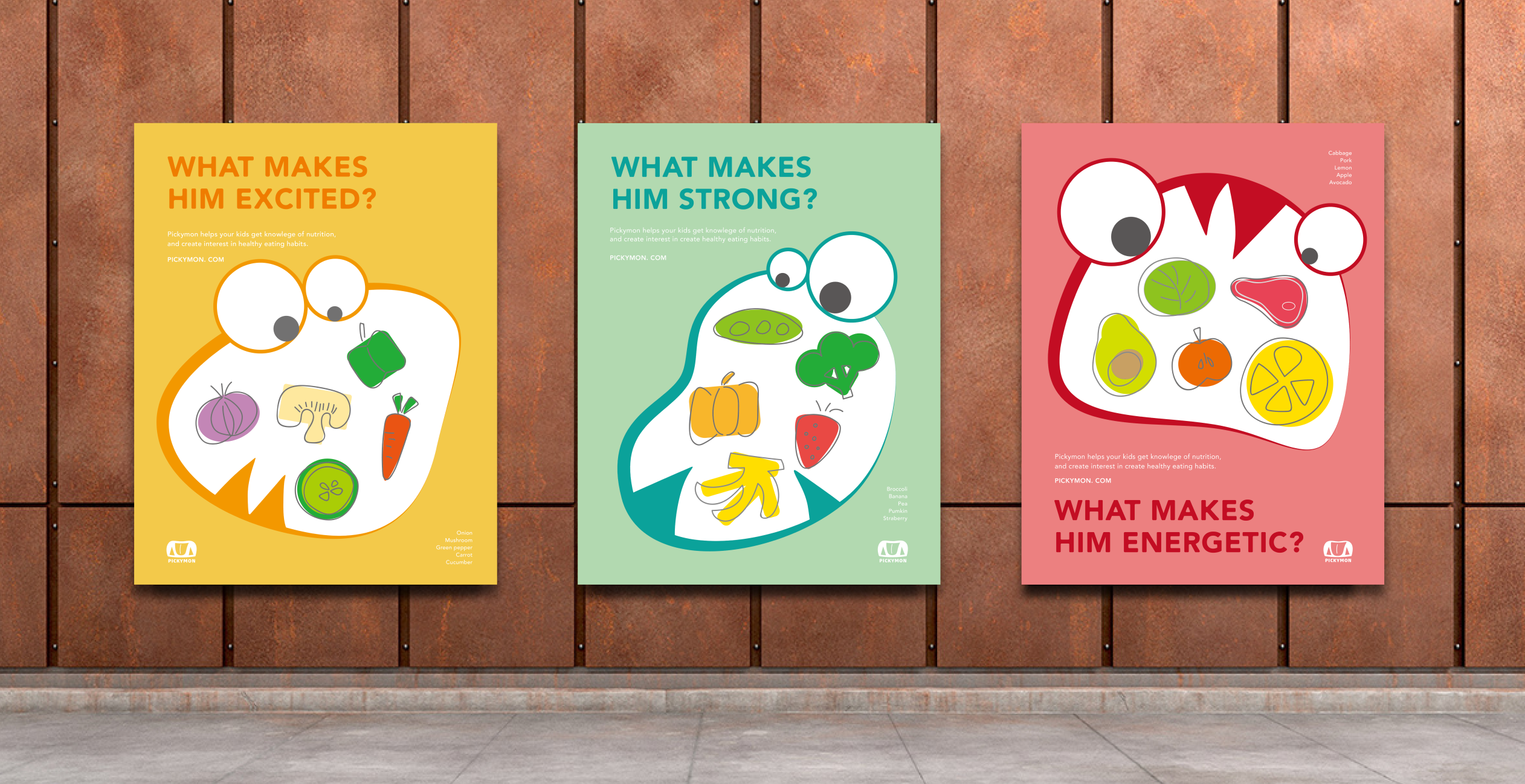 Three colorful Pickymon posters showing food arrangements