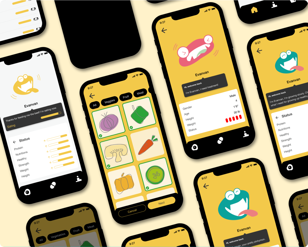 Pickymon app screens